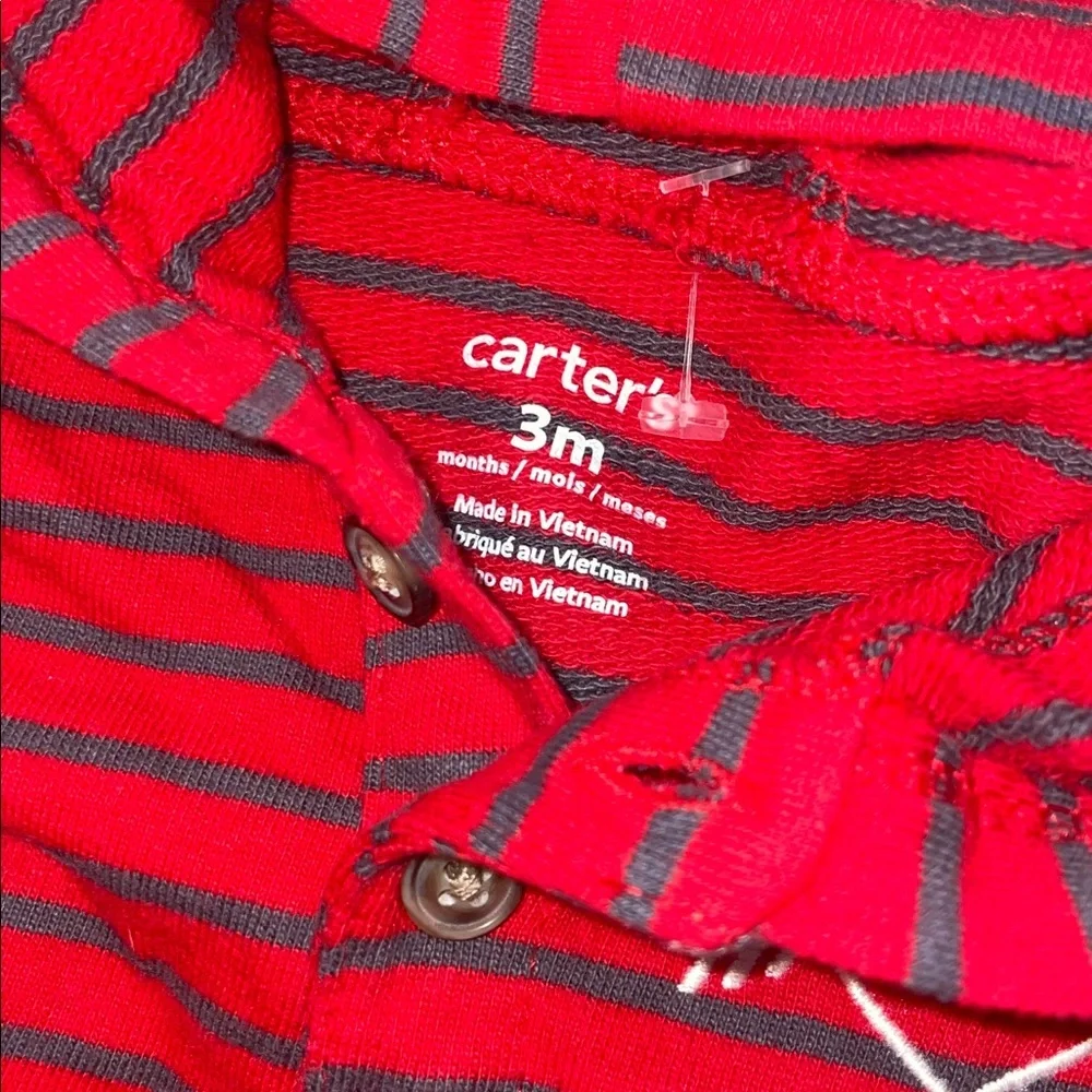 Carter’s Boys One-Piece Outfit 3M Red Gray Striped Hooded